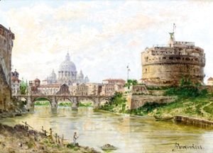 Antonietta Brandeis - A View Of The Tiber With Castel Sant' Angelo And St Peter'S